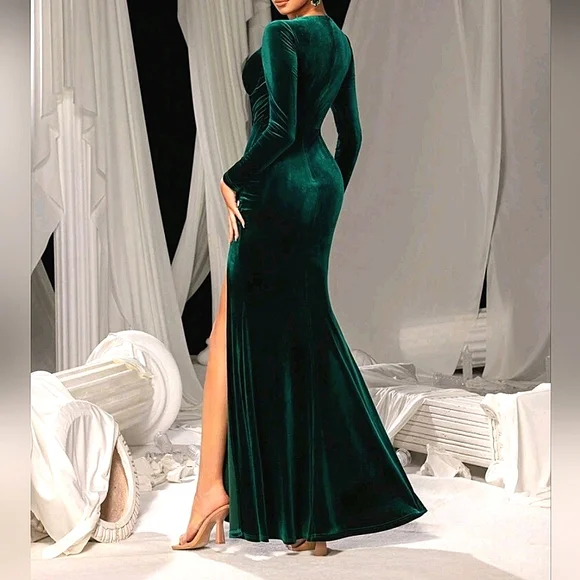 New Luxe Velvet Bustier Cup Long Sleeve Mermaid Gown Dress Dark Green